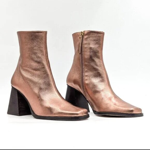 Alohas Women's South Shimmer Quartz Rose Gold Leather Booties Heeled Boots NWT - Picture 2 of 8